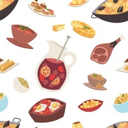 spain cuisine vector food cookery traditional dish recipe. spanish snack tapas crusty bread food gastronomy. illustration seamless pattern background