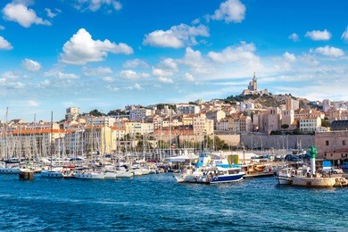 aerial panoramic view on basilica of notre dame de la garde and old port  in marseille, france