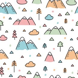 hand drawn seamless pattern with trees and mountains. creative scandinavian woodland background. forest. vector illustration
