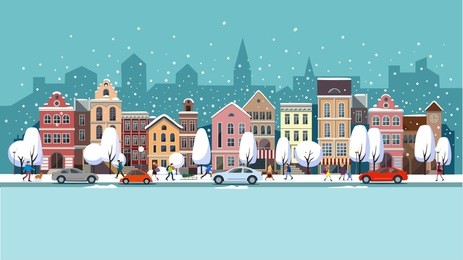 winter city street.winter landscape with people.vector illustration.city landscape set with buildings,people , shop and stores, transport, vector illustration. 