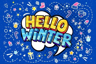 hello winter in word bubble. message in pop art comic style.