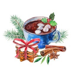 cup of coffee with zephyr, heap cookies, anise, cinnamon and firtree branch. watercolor hand-drawn object isolated on white background. christmas card and new year illustration set.