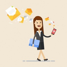 business woman walk with a smartphone in hand and many e-mail letters follow him. vector, illustration, flat