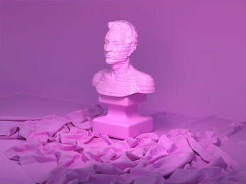 3d rendering of abstract human portrait with horizontal stripes bumped texture. torso still life with drapery. stylized bust sculpture object on pink background with cloth folds