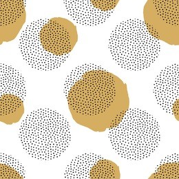 vector seamless pattern with round dotted elements and golden circles. trendy memphis background.