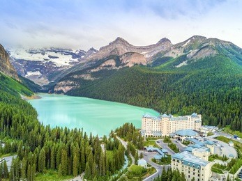 turquoise louise lake in rockies mountains, banff national park, alberta, canada
