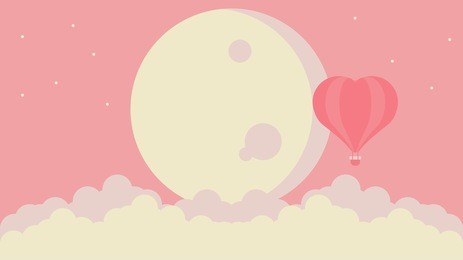 flat vector graphic of valentine hot air balloon heart shape floating pass big moon and clouds.
