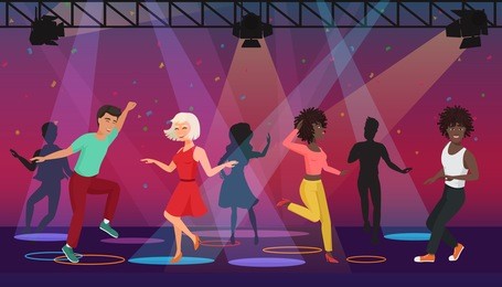 vector cartoon multi ethic people dancing in colorful spotlights at disco club. night party.