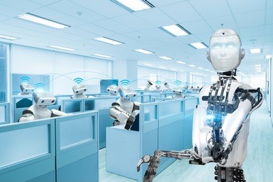 robot sharing data network in office, future technology concept