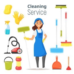 vector cartoon style illustration of cleaning service woman character. housekeeping icons. isolated on white background.