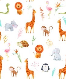 watercolor pattern with cute animals, pattern, baby wallpapers. african wallpaper, giraffe, hippo, elephant, lion, monkey, tropical leaves and flowers