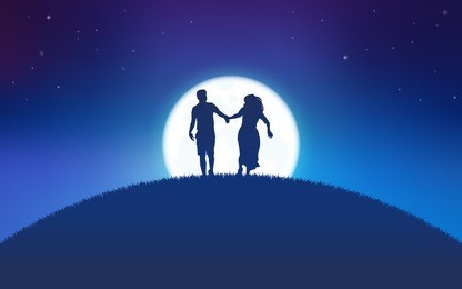 silhouette couple man and woman holding hand running together under moon shine and stars background