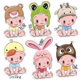 set of cute cartoon babies in hats of different animals