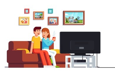 family husband & wife relaxing together.  home living room with couch. flat style vector illustration isolated on white background.