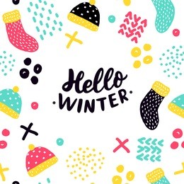 winter frame with hand drawn lettering hello winter, cap, socks, and figures. template colorful memphis abstract background.