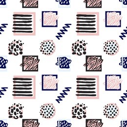 memphis abstract seamless pattern with animalistic stripped and dotted circle and square frames, zig-zag and wave lines. hipster vintage 80s-90s banner design. geometric vector background.