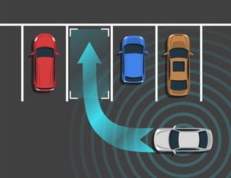 autonomous car parking top view. self driving vehicle with radar sensing system. driverless automobile parking. vector illustration.