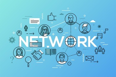 creative infographic banner with elements in thin line style. concept of teamwork, business networking, international cooperation, work in multinational team. vector illustration for website, poster.