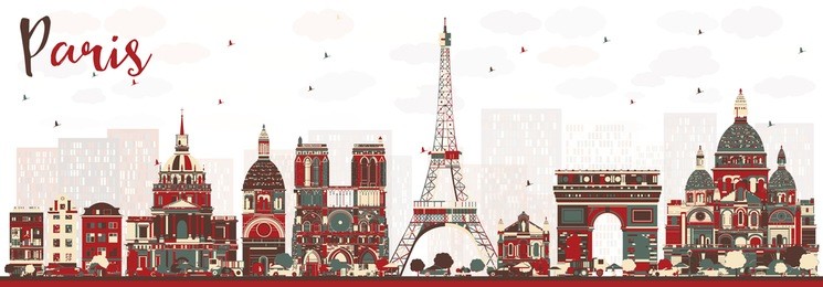 paris france skyline with color landmarks. vector illustration. business travel and tourism concept with historic buildings. paris cityscape.