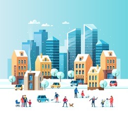 snowy street. urban winter landscape with people, modern skyscrapers and traditional city houses. vector illustration.