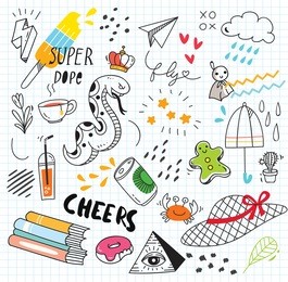 set of colorful doodle on paper background