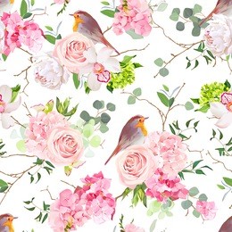 natural vector seamless watercolor pattern with cute robin birds and bouquets of peachy roses, pink and green hydrangea, orchid, white peony, eucalyptus in japanese style.all elements are editable