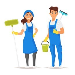 vector cartoon style illustration of cleaning service man and woman character. isolated on white background.