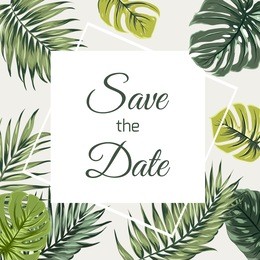 save the date wedding event invitation card template. exotic tropical rainforest jungle palm tree monstera leaves greenery. geometric square border. text placeholder. vector design illustration.