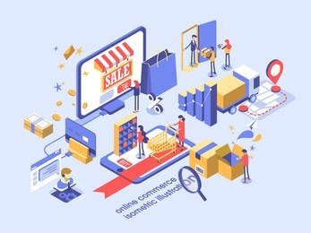 electronic commerce concept with people, plastic card, delivery service, smartphone screen elements. online shopping isometric illustration.