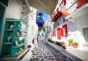 mykonos streetview at sunny day, greece