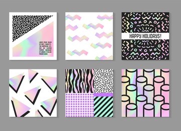 abstract creative cards posters set with holographic elements. trendy hand drawn design for banner, placard, invitation. hipster futuristic brochure, flyer, leaflet. vector illustration