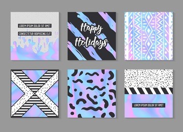 abstract creative cards posters set with holographic elements. trendy hand drawn design for banner, placard, invitation. hipster futuristic brochure, flyer, leaflet. vector illustration