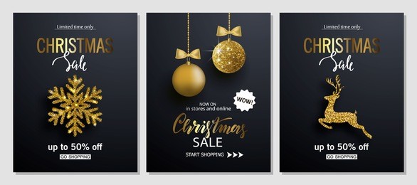 christmas sale posters with shiny snowflake,christmas ball and golden deer. vector illustration. design for invitation, banners, ads, coupons, promotional material
