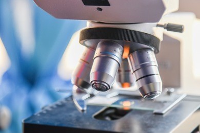 medical equipment. microscope. background.test sample under the microscope in laboratory.