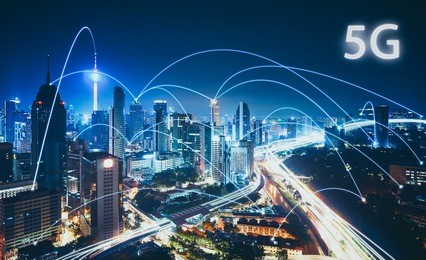 5g network wireless systems and internet of things with modern city skyline. smart city and communication network concept .