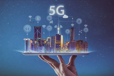 waiter hand holding an empty digital tablet with smart city and 5g network wireless systems and internet of things .