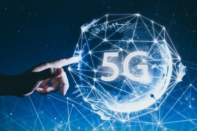 5g network wireless systems and internet of things with man touching abstract global with wireless communication network on space background .