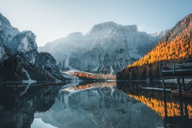 boats on the braies lake ( pragser wildsee ) in dolomites mountains, sudtirol, italy