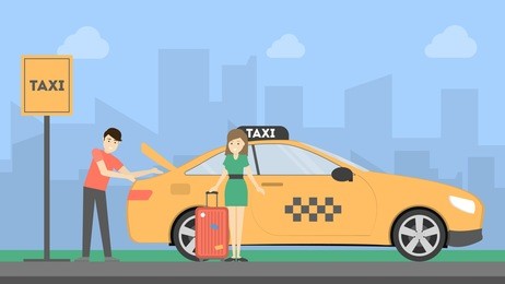woman with taxi driver putting luggage in the car on taxi stop.