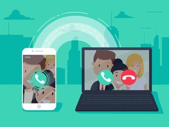 voip technology, voice over ip, ip telephony concept. smartphone with outgoing call, computer with incoming call on screen. internet calling banner. modern flat design vector illustration