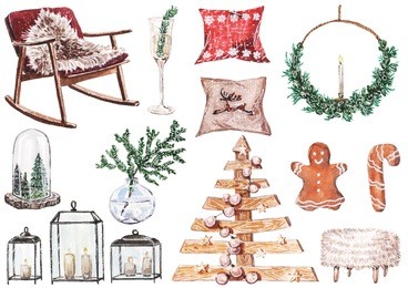 hand painted watercolor set of christmas decor.