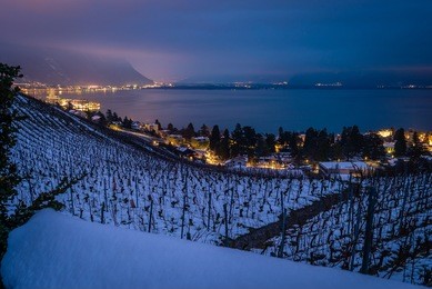 montreux at night with view on geneva lake in the background and vineyards under the snow
