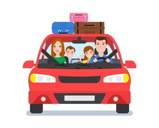 happy family travel by car front view