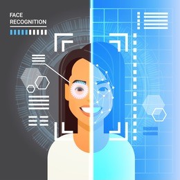 face recognition system scanning eye retina of business woman modern identification technology access control concept vector illustration