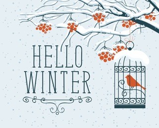 vector winter landscape with lettering hello winter, with snow-covered branches, and red clusters of rowan tree. red bird in a cage hung on a branch in a flat style