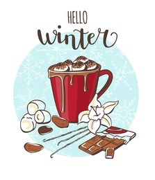 hello winter cocoa with marshmallow. vector illustration with hot drink and its ingredients on blue circle with snowflakes and handwriting. hand drawn doodle for recipe card, poster or menu design.
