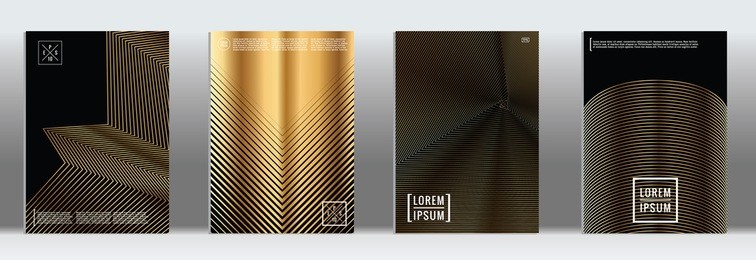 minimal cover in gold. vector geometric abstract line pattern for poster design. set of minimal covers for business brochures. gold black banner background. graphic pattern for annual album backdrop.