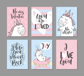 greeting cards with cute unicorns. for valentine's day. i love you to the moon and back. hand written text.