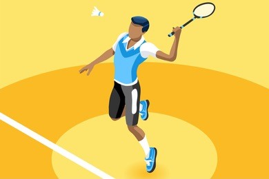 badminton vector boy. sport background with badminton athlete playing athletics competition. isolated isometric people illustration.