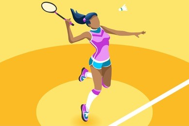 badminton vector girl. sport background with badminton athlete playing athletics competition. isolated isometric people illustration.